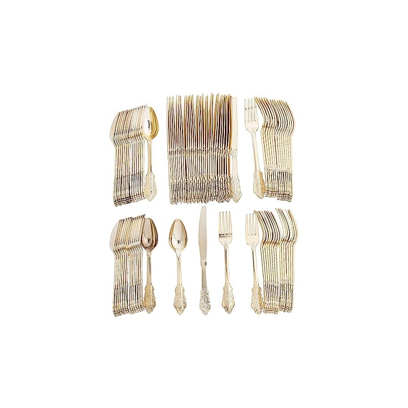 Bulk 96 Count Premium Ornate Gold Plastic Cutlery Sets