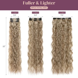 LONAI Clip In Hair Extensions, 6PCS Curly 24" Long Synthetic Clip On Hairpiece For Women Cool Brown with Blonde Highlights