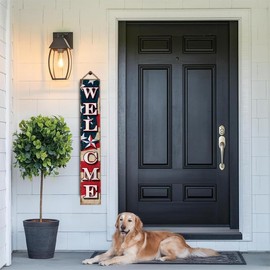 12x72"H Americana "Welcome" Wooden Porch Sign, 6ft Patriotic Farmhouse Decor For Front Porch, Rustic Patio Entryway Front Door Welcome Sign, USA Flag Home Wall Art, Outdoor Indoor Country Decoration