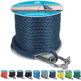 Anchor Rope 50 ft x 3/8 inch, Premium Solid Braid MFP Anchor Line, Boat Anchor Rope with 316 Stainless Steel Thimble & Shackle, Marine Anchor Rope for Many Anchors & Boats, Navy Blue
