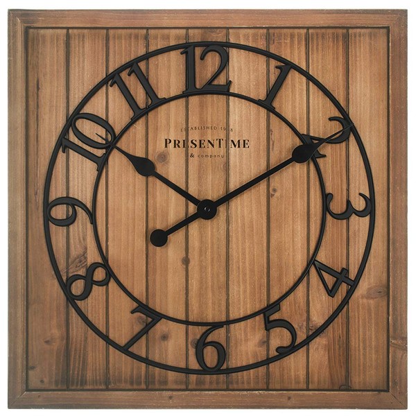 PresenTime & Co 21" Farmhouse Square Shiplap Barn Door Wood Clock - Fir, Arabic Numeral. Home Decoration/Wall Decoration/Farmhouse Décor for Living Room, Dining Room, and Entryway.