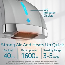 modunful Hand Dryers for Bathrooms Commercial, Electric Hand Dryer Touchless, Extra Quiet Low Noise(40db), Wall Mounted Type(1600W) (Silver)