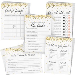 Juvale Bridal Shower Games 250 Pieces for 50 Guests - 5x7 in Gold Polka Dot Cards - Includes Bingo, He Said & She Said & Wedding Advice - Wedding Shower Games & Bridal Favors for 50 Guests
