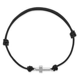 925 Sterling Silver CZ Cubic Zirconia Cross Black Leather Adjustable Bracelet
