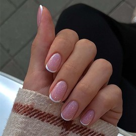 White French Tip Press On Nails Square Fake Nails Short False Nails With Glitter Design Full Cover Acrylic Pink Glue On Nail Glossy Artificial Cute Stick On Nail For Women 24pcs