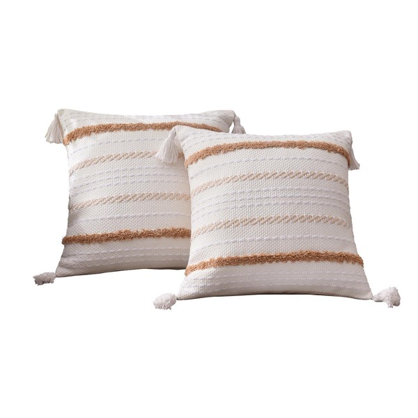 Set of 2 Pillow Covers (50*50cm,White+Brown,WITHOUT Pillow Insert) Tassel Cushion Cover Lumbar Cushion Cover Sofa Back Cushion Cover Decorative Pillow Cover Body Pillow Cover Cushion Cover Home Decor