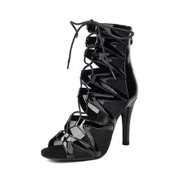 GYUBL Women's Ballroom Dance Boots Lace-up Open Toe Professional Latin Salsa Performance Dancing Boots,K600-Rubber Sole-3.74”Heel,Black,US 9