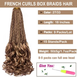 COOKOO 18 Inch 9 Packs Pre Looped French Curly Crochet Hair Mix Two Tone Natural French Curl Braids Bouncy Goddess Braids Hair Curly Ends Bohemian Box Braids Crochet hair Extensions 27/33#