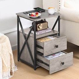 Livofloral Nightstands with Wireless Charger, Grey Side Tables with Storage, End Tables with Charging Station, LED Bedside Table with Wooden Storage Drawers for Bedroom, Side Tables Living Room