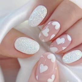 24Pcs Heart Press on Nails Oval Short Fake Nails Valentines False Nails White Glitter Full Cover Acrylic Nails Hearts Glue on Nails Cute Artificial Nails for Women Wedding Stick on Nails Supplies