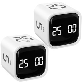 Rotating Pomodoro Timer 5, 25, 10 50 Minutes Preset, Desk Productivity Flip Timer, Cube Countdown Stopwatch for ADHD, Vibration/High/Low Volume, for Work, Study, Back to School, Kitchen, 2 White