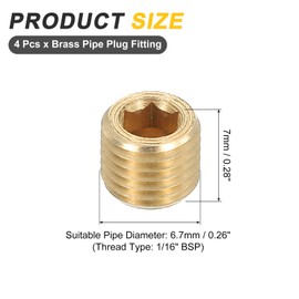 uxcell 4Pcs Brass Pipe Plug Fitting, 1/16" BSP Male Hex Counter Sunk Plug, Internal Thread Socket Pipe Plug for Closing the End of Pipe, Air Tanks