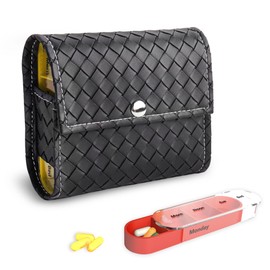 Pill Organizer,LIZIMANDU Weekly Travel Pill Case Box Medication Reminder Daily AM PM, Day Night 7 Compartments,for 4 Times A Day, 7 Days a Week-Includes Leather PU Carrying Case (1-Weave Black)