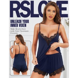RSLOVE Women's Sexy Pyjamas Set - Lace V Neck Pajamas Soft Pjs Nightwear Comfy Sleepwear Blue