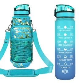 32 oz Water Bottles with Straw & Strap, Motivational Water Bottles with Times to Drink, BPA Free Reusable Sports Water Bottle with Sleeve Carrier for Hiking, Travel, Running or Fitness (Mars Green)