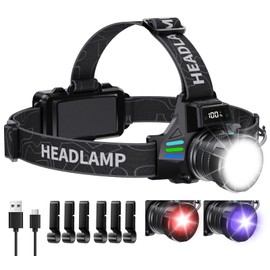 OMALIGHT Headlamp Rechargeable with White/Red/UV/Black Light Headlight,1080 High Lumens Super Bright LED Headlamps Battery Powered,16 Modes Waterproof Head Lamp for Hardhat Hunting Pet Urine Detection