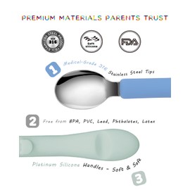 Bakpoco 6PCS Toddler Utensils, 316 Stainless Steel Baby Safe Forks + Spoons with Silicone Handle, BPA Free Dishwasher Safe Kids Silverware Cutlery with Box, Sage/Blue/Gray