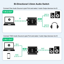 COOIDEA 3.5mm Stereo Audio Switcher, along with a 3.5mm audio cable, supports 1 input 2 outputs or 2 inputs 1 output, and is a 2-port AUX audio speaker selector for PC, mobile phone, and headphones