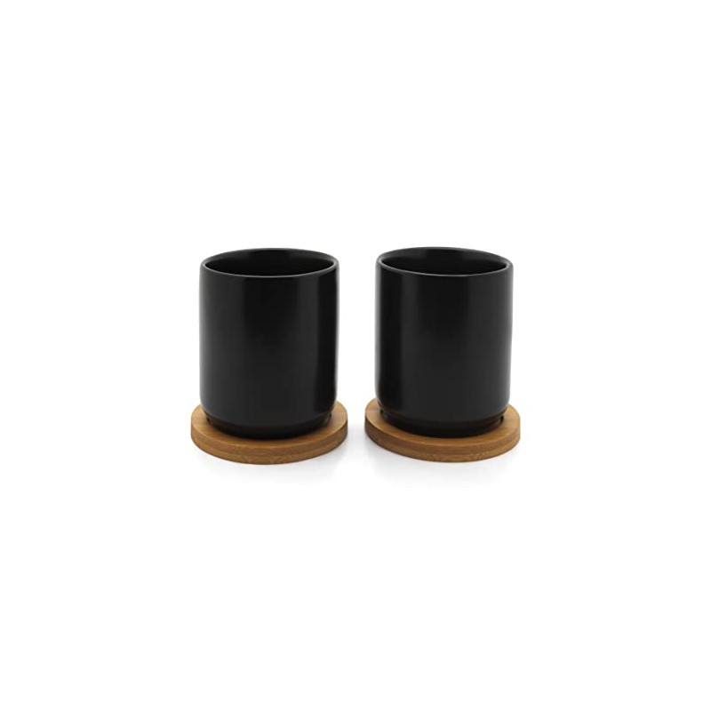 Bredemeijer Black Ceramic Tea Mugs with Wooden Coaster Set of