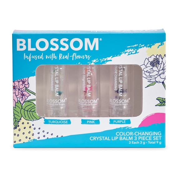 Blossom Moisturizing Custom Color Changing Crystal Lip Balm, Strawberry Scented Lip Stain Tint, Infused with Real Flowers, 3 pk, Turquoise/Pink/Purple