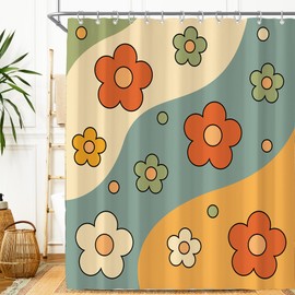 Cute Retro 70s Daisy Floral Aesthetic Groovy Abstract Funky Shower Curtain for Bathroom 72W*72H Inch Flower Lovely Vintage Bathtub Decor Modern Trendy Waterproof Polyester Fabric Set with 12 Hooks