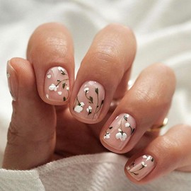 Press on Nails Short Fake Nails Square Glue on Nails Flowers Acrylic Nails Light Pink Translucent Nails Press ons Daily Wear Simple False Nails Fall Stick on Nails for Women 24 Pcs