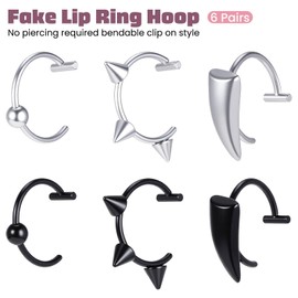 Alrhso 16 Pcs Fake Lip Ring Fake Snake Bite Non-Piercing Lip Cuff Ear Cuff Stainless Steel Vampire Teeth Ring Septum Nose Piercing Set for Women Men (Black Silver)