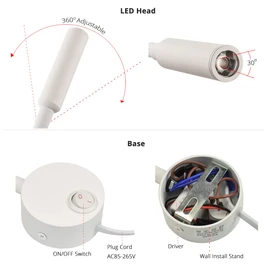 LEDSONLINE White Reading Lamps LED Wall Mounted Study Reading Light for Bed Headboard Gooseneck US Plug Corded-Electric Sconce Lamp Spot LED AC85-265V ( 6000K White)