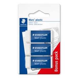 Staedtler Mars 526 53 ABK3D Eraser, Plastic, Mini, Phthalate- and Latex-Free, Pack of 3 on Blister Card, 2 Erasers and 1 Free Eraser, White