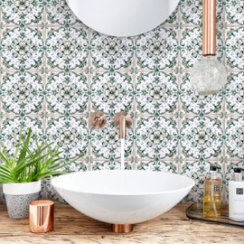 10 Pcs Tile Stickers Blue and Green Flower Flooring Wall Decals Self Adhesive Traditional Vinyl Wall Decals Retro Flower Floor Tile Sticker for Bathroom Kitchen 7.8" x 7.8" HY-CZ002