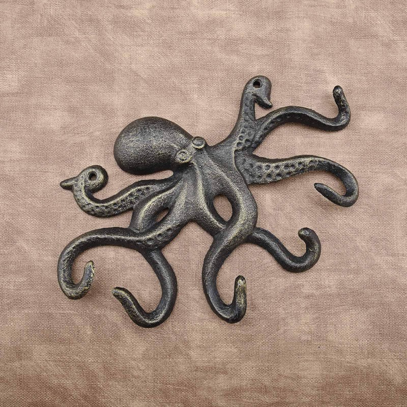 Bronze Octopus Coat Hook with 6 Tentacle Hooks Cast Iron