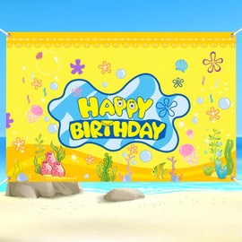 Happy Birthday Cartoon Ocean Backdrop, Yellow Cute Themed Party Decoration for Kids Party Supplies, Backgrounds, Birthday Backdrop, Background Photo-59x39inch/100x150cm