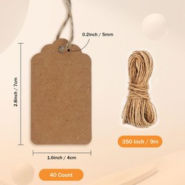Sanwior Tags with String, 2.8x1.6 Inch Name Tag for Bags, 40Pcs Kraft Paper Tags with 30ft String Attached