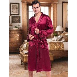 COLD POSH 19MM Mulberry Silk Robe Men Lightweight Kimono Long Bathrobe for Mens Summer Pajamas Set(Burgundy,Large)