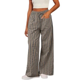 Acelitt Womens Casual Striped Color Block Pants Drawstring Elastic Waist 2025 Fall Fashion Comfy Loose Wide Leg Pants Trousers with Pockets Khaki Medium