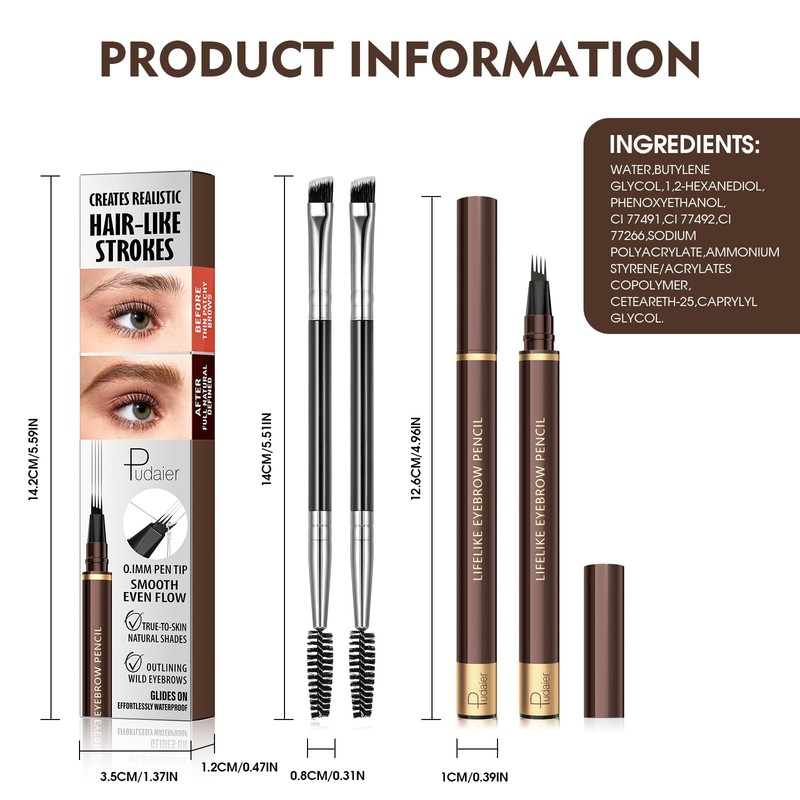 2 Pack 4-Tip Microblading Eyebrow Pen with 2 Brow Brushes,