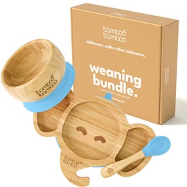 bamboo bamboo Baby Plate & Baby Bowl Set for Feeding and Weaning, Bamboo Elephant Plate, Toddler Bowl & Baby Spoon, Suction Plates for Babies from 6 Months (Blue)