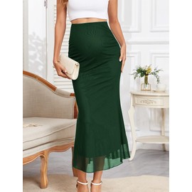 AISWI Maternity Mesh Mermaid Skirt Adjustable Waist Over The Belly Elegant Stretchy Pregnancy Maxi Skirts Spring Summer, Dark Green, Medium
