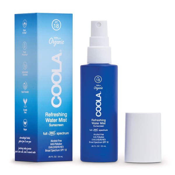 COOLA Organic Refreshing Water Mist Face Moisturizer with SPF 18, Dermatologist Tested Face Sunscreen with Plant-Derived BlueScreen Digital De-Stress Technology, 0.85 Fl Oz