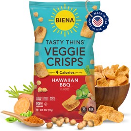 BIENA Tasty Thins Veggie Crisps - Low Calorie Veggie Chips for Adults and Kids - Individual Pack, 4 Ounce Bags - Hawaiian BBQ