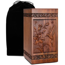 Handcrafted Wooden Cremation Urns for Human Ashes Hummingbird Memorials Funeral Decorative Urn for Adult Female Male Large Pet Dog Box Burial Casket Keepsake with Velvet Bag
