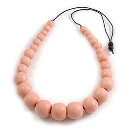 Avalaya Chunky Pastel Pink Graduated Wood Bead Black Cord Necklace - 84cm Max/Adjustable