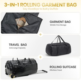 Fanwoli 3-in-1 Rolling Garment Bag for travel, Wheeled Carry-On Luggage with Shoe Storage & Detachable Organizer, Wrinkle-Free Compartment for Suits/Dresses/Wedding Gowns, Fits most Airline Size.