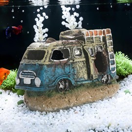 SPICLOCK Fish Tank Decorations.Resin Wreckage Aquarium Decor Car Bus Beetle RV Wreckage Betta Fish Tank Accessories (Blue Khaki-RV)