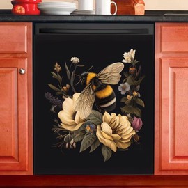 Country Bee Rustic Floral Bee Dishwasher Magnet Cover Panel Decals Refrigerator Magnetic Skin Vinyl Sticker Farmhouse Flowers Kitchen Art Decorative Cover