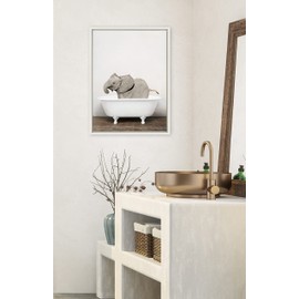 Kate and Laurel Sylvie Baby Elephant in the Tub Color Framed Canvas Wall Art by Amy Peterson Art Studio, 18x24 White, Modern Fun Decorative Bathtub Wall Art for Home Décor