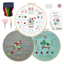 YUDAWN Embroidery Set for Beginners, 3 Pieces Embroidery Set Adult Embroidery Set Embroidery Kit Cross Stitch Set Floral Pattern Plants Embroidery Set with Bamboo Embroidery Hoop Colour Threads Tools