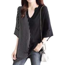 Neiman By Convertible Docking Tunic Blouse, Loose, Large, Skipper, Striped, Long T-shirt, Black