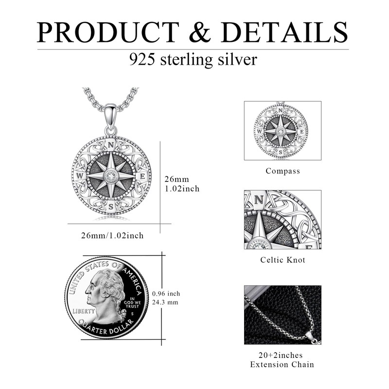 TRISHULA Compass Necklace for Men S925 Sterling Silver Celtic Knot