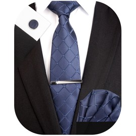 SIILLKEVIN Silk Necktie and Pocket Square Cufflink Tie Clip Set Checkered Plaid Gift for Men's Tie Navy Blue Formal Business Meeting